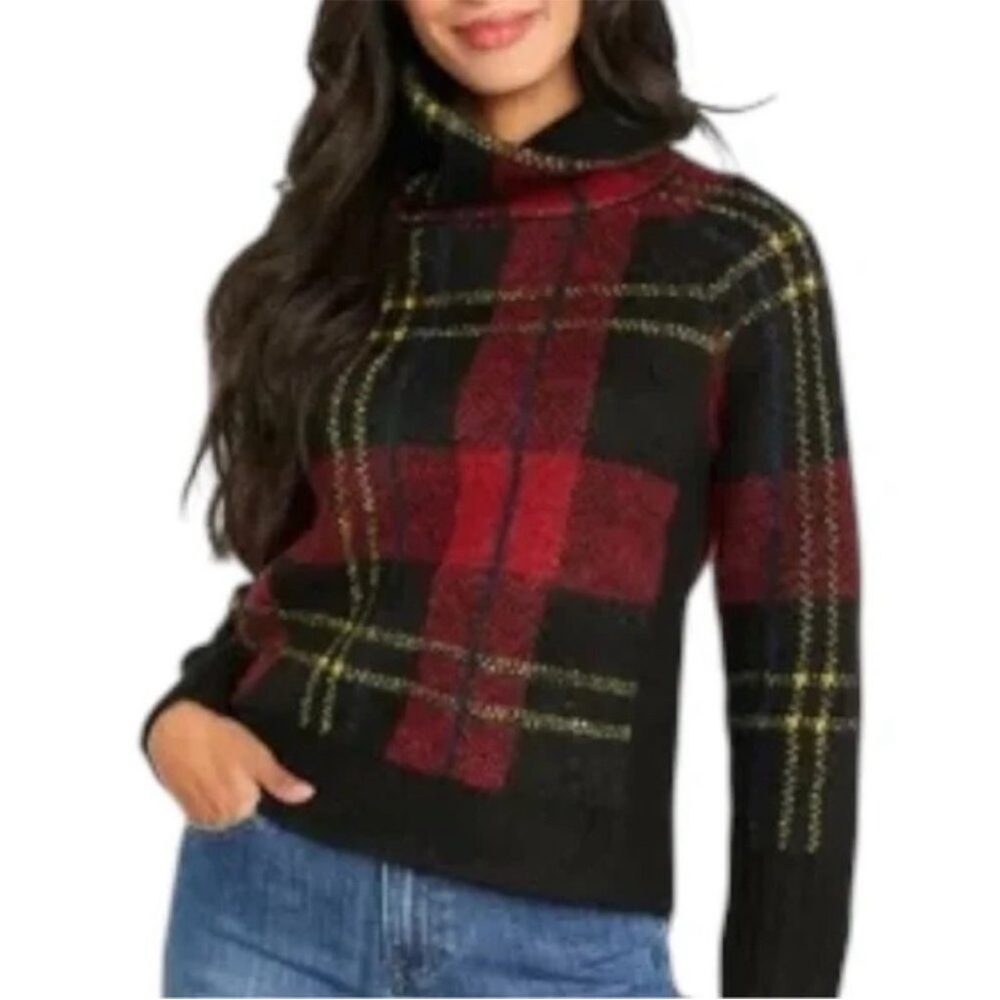 RD Style Red and Black Plaid Turtleneck Sweater